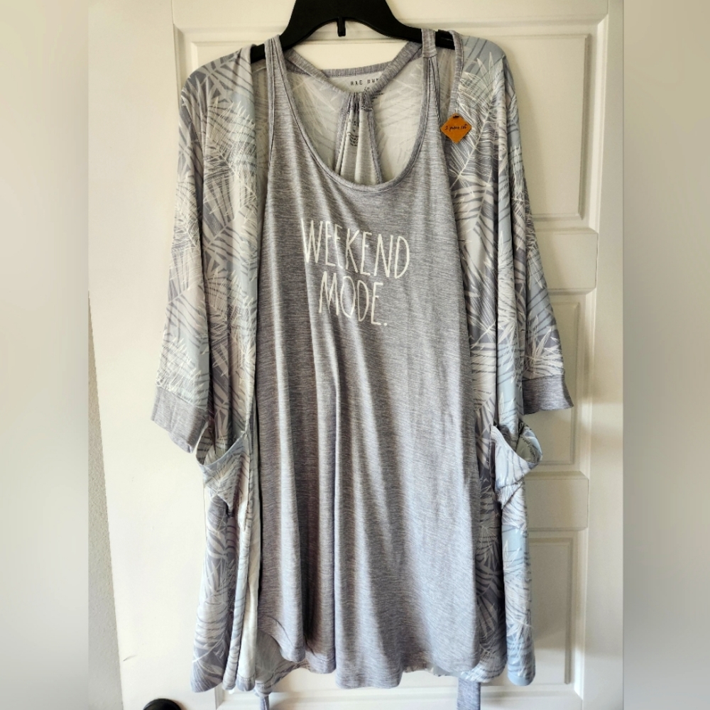 Rae Dunn Womens 2 Pc Nightgown Pajama Sleep Top & Robe Gray & White